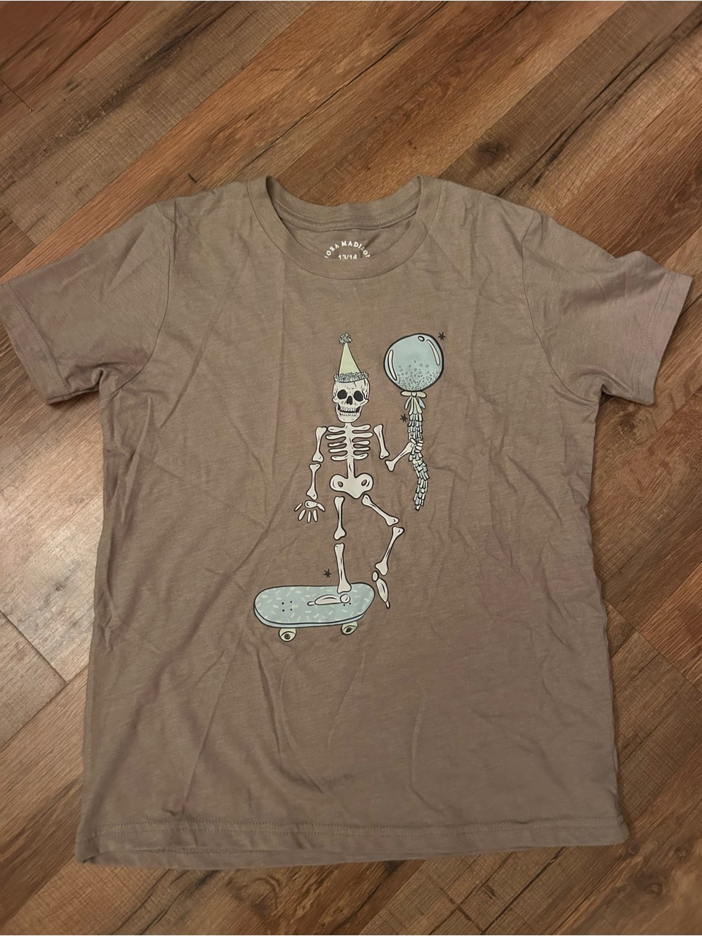 Kids Brown Skeleton Skateboard Graphic Tee with Balloon